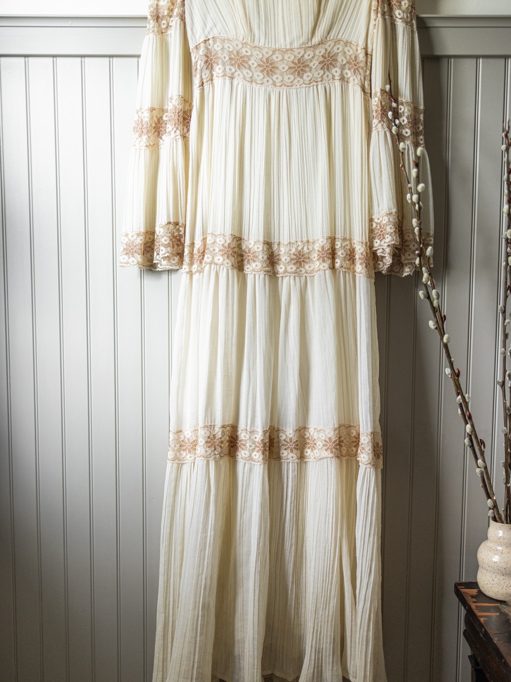 VTG 70s Roberta California Prairie Maxi Dress Ivory Lace Cottagecore Boho - Picture 6 of 16